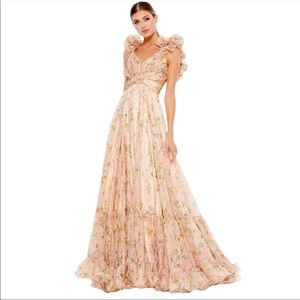 MAC DUGGAL RUFFLE TIERED FLORAL CUT-OUT CHIFFON GOWN - Size 4